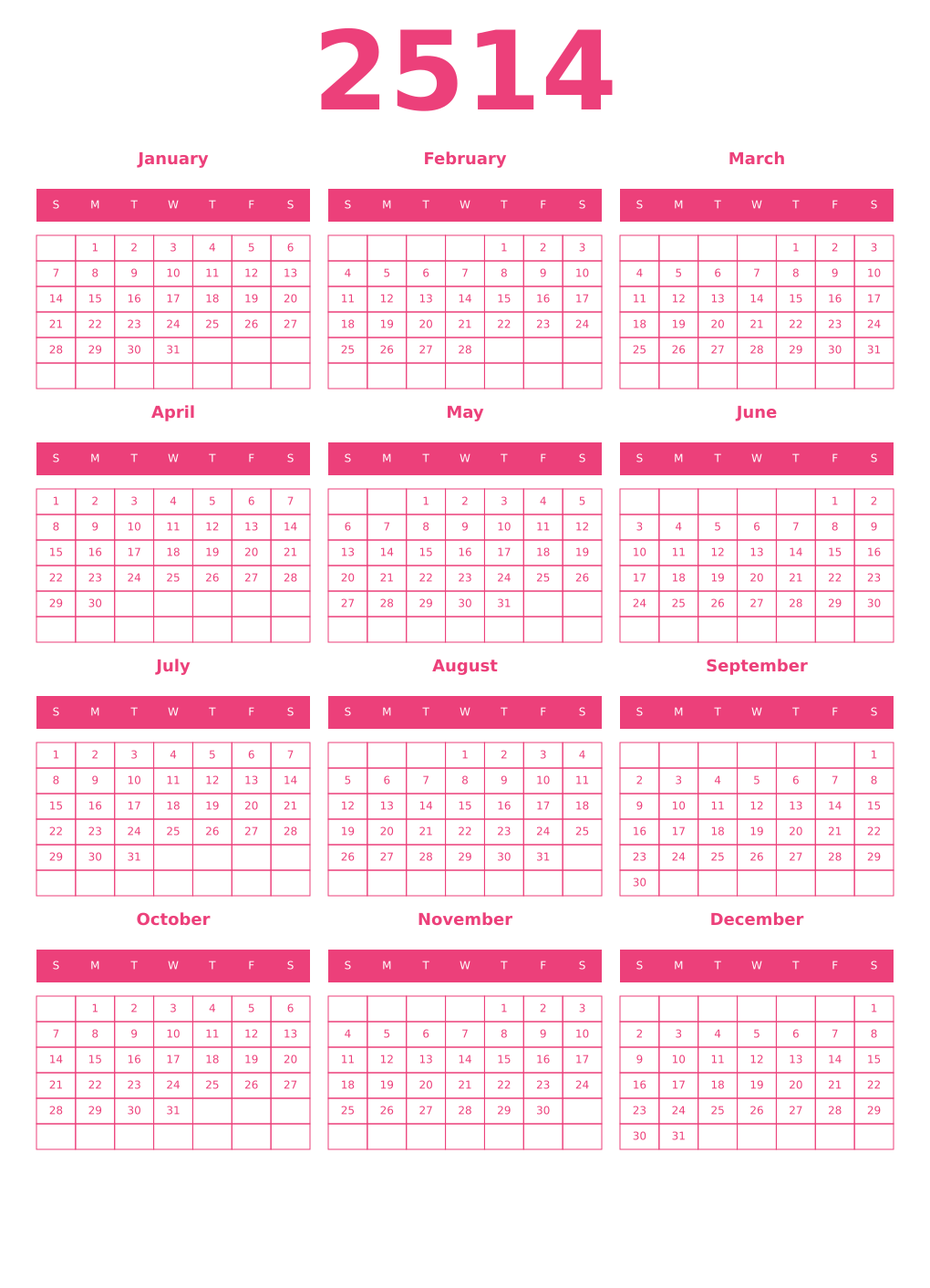 Printable 2514 Year Calendars pink