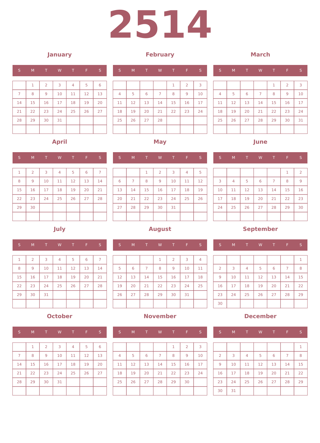 Printable 2514 Year Calendars puce