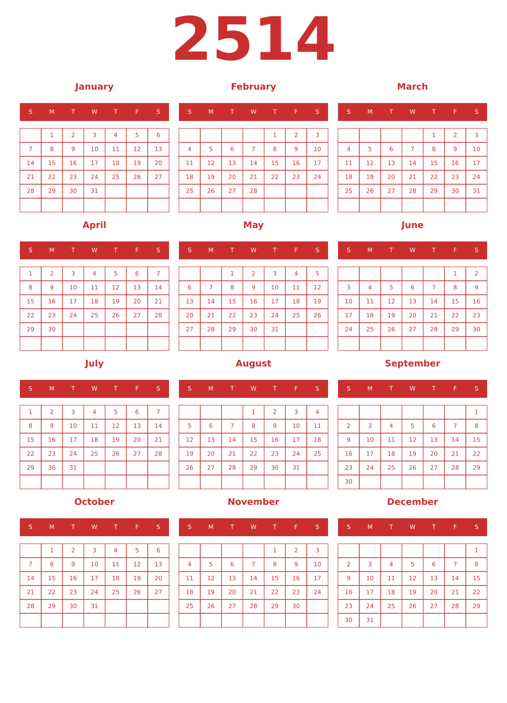 Printable 2514 Year Calendars red
