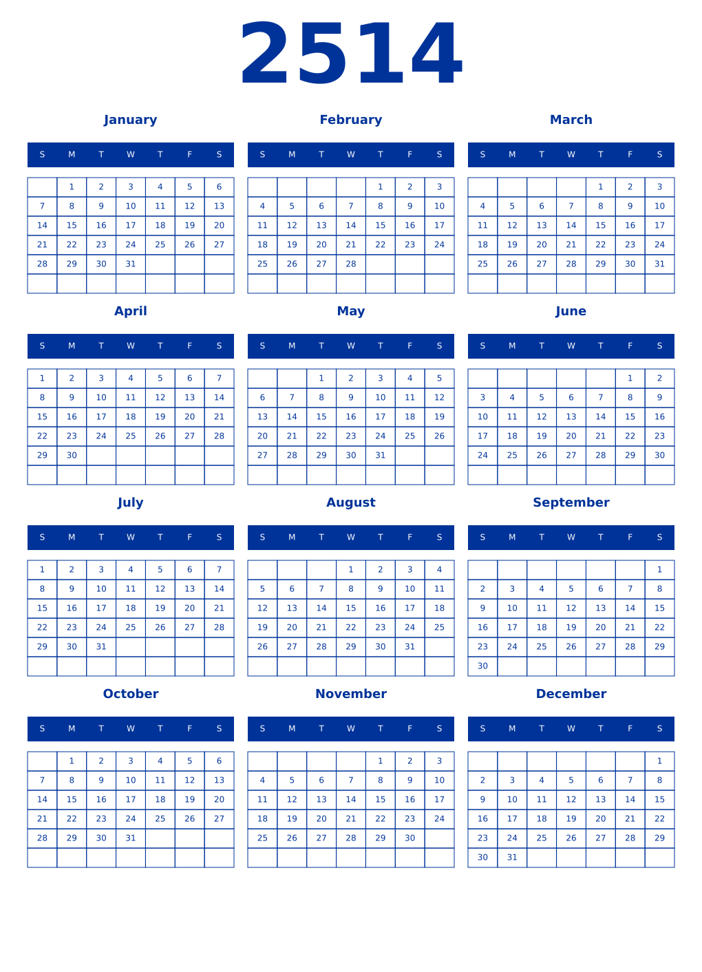 Printable 2514 Year Calendars smalt