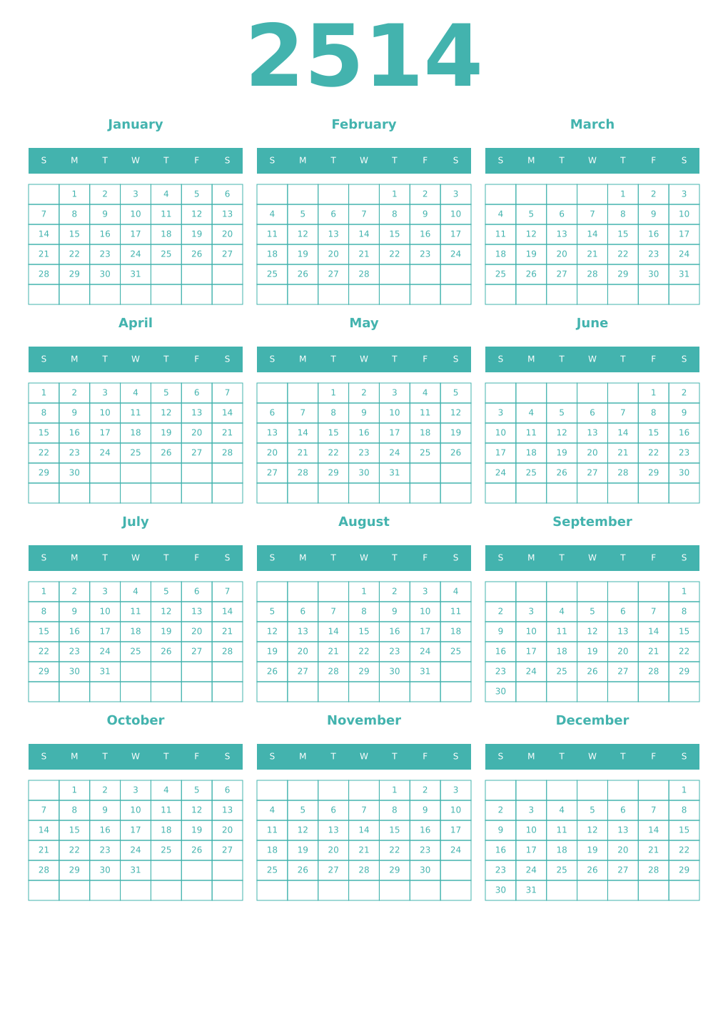 Printable 2514 Year Calendars verdigris