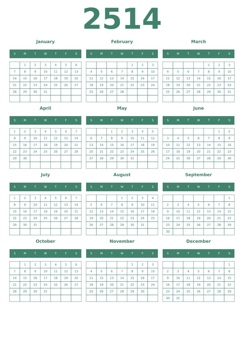 Printable 2514 Year Calendars viridian