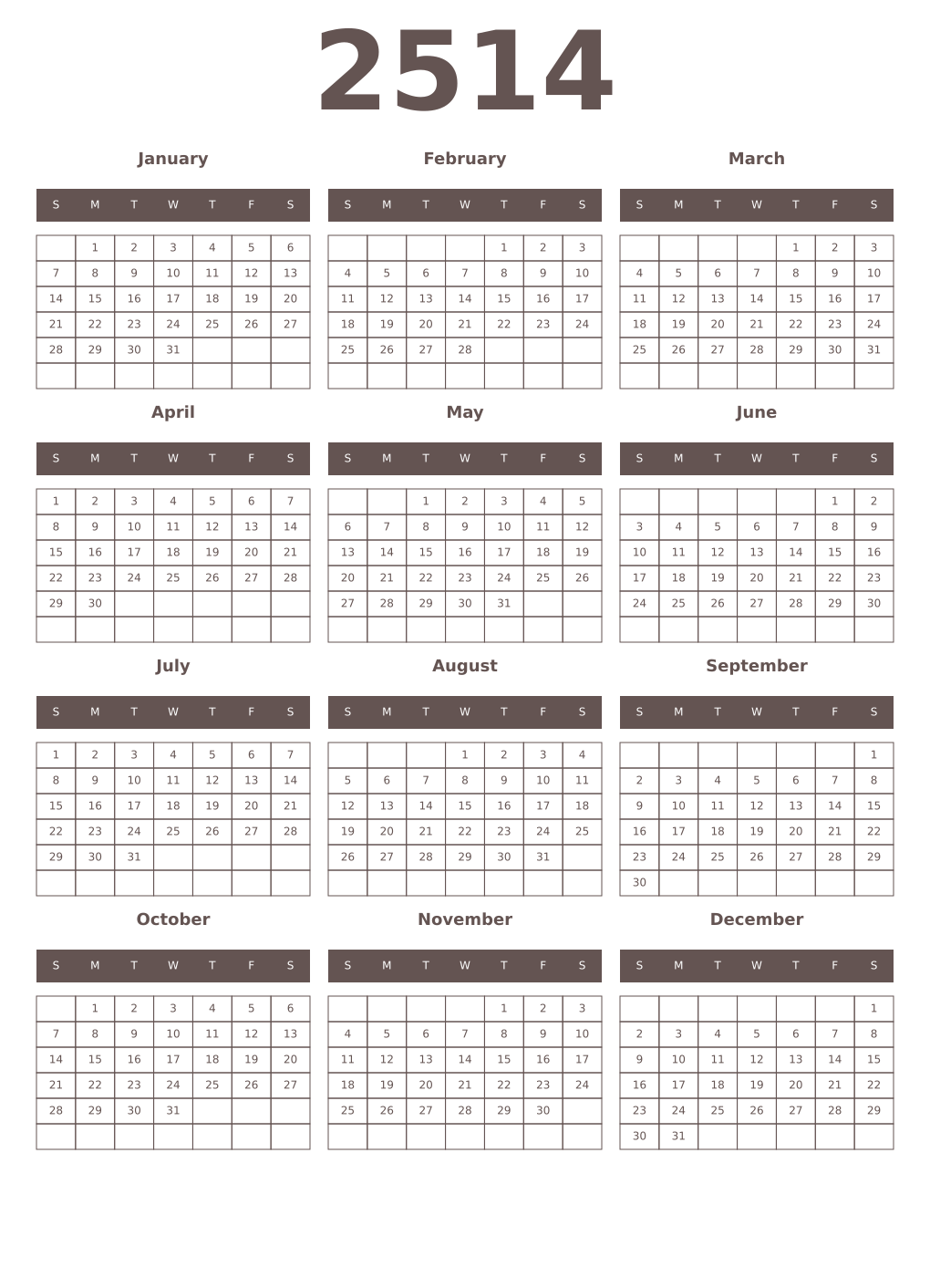 Printable 2514 Year Calendars wenge