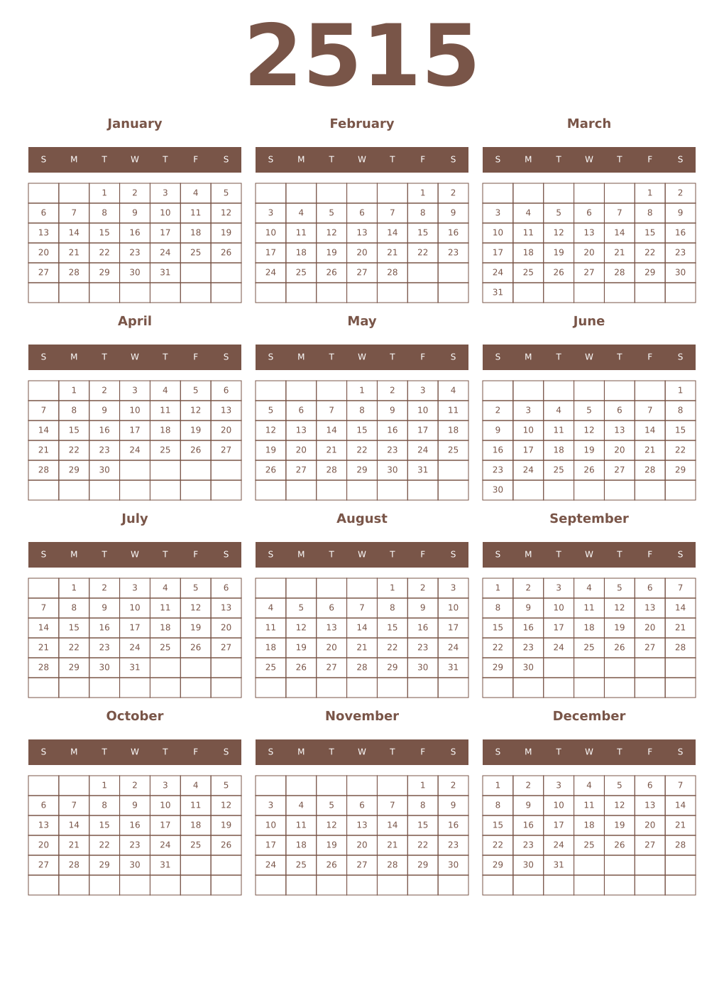 Printable 2515 Year Calendars coffe