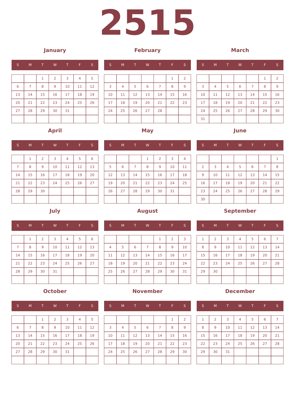 Printable 2515 Year Calendars cordovan