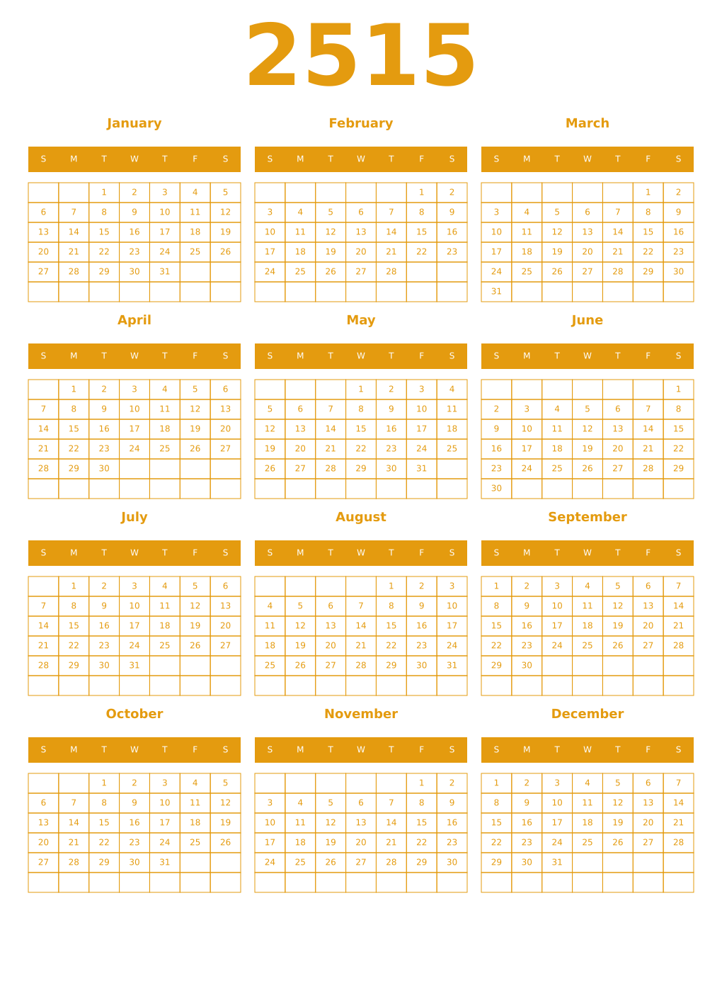 Printable 2515 Year Calendars gamboge