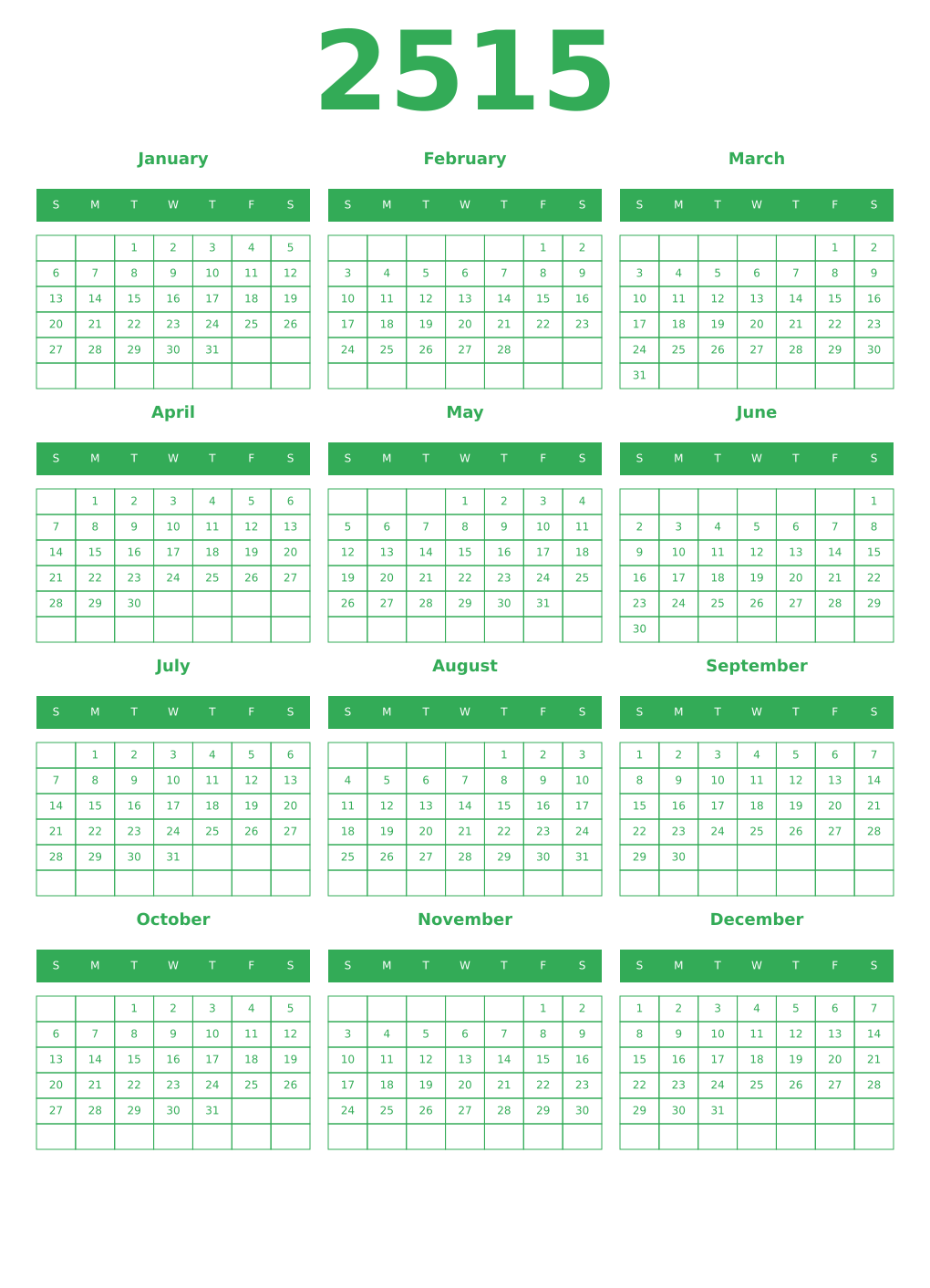 Printable 2515 Year Calendars green
