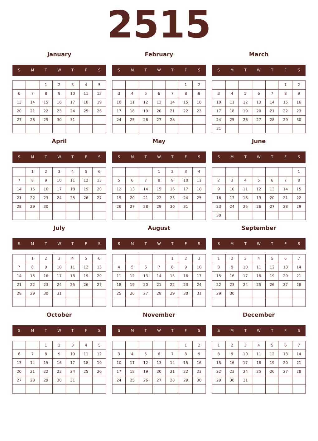 Printable 2515 Year Calendars mortuum