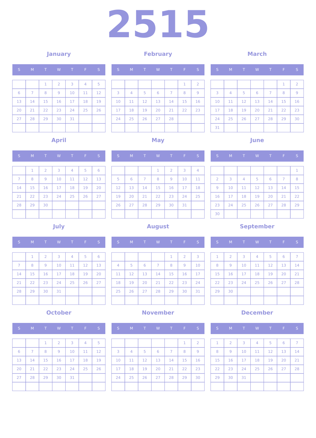 Printable 2515 Year Calendars periwinkle