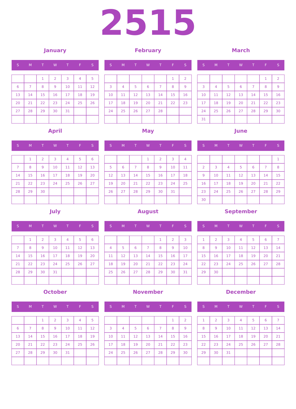 Printable 2515 Year Calendars purple