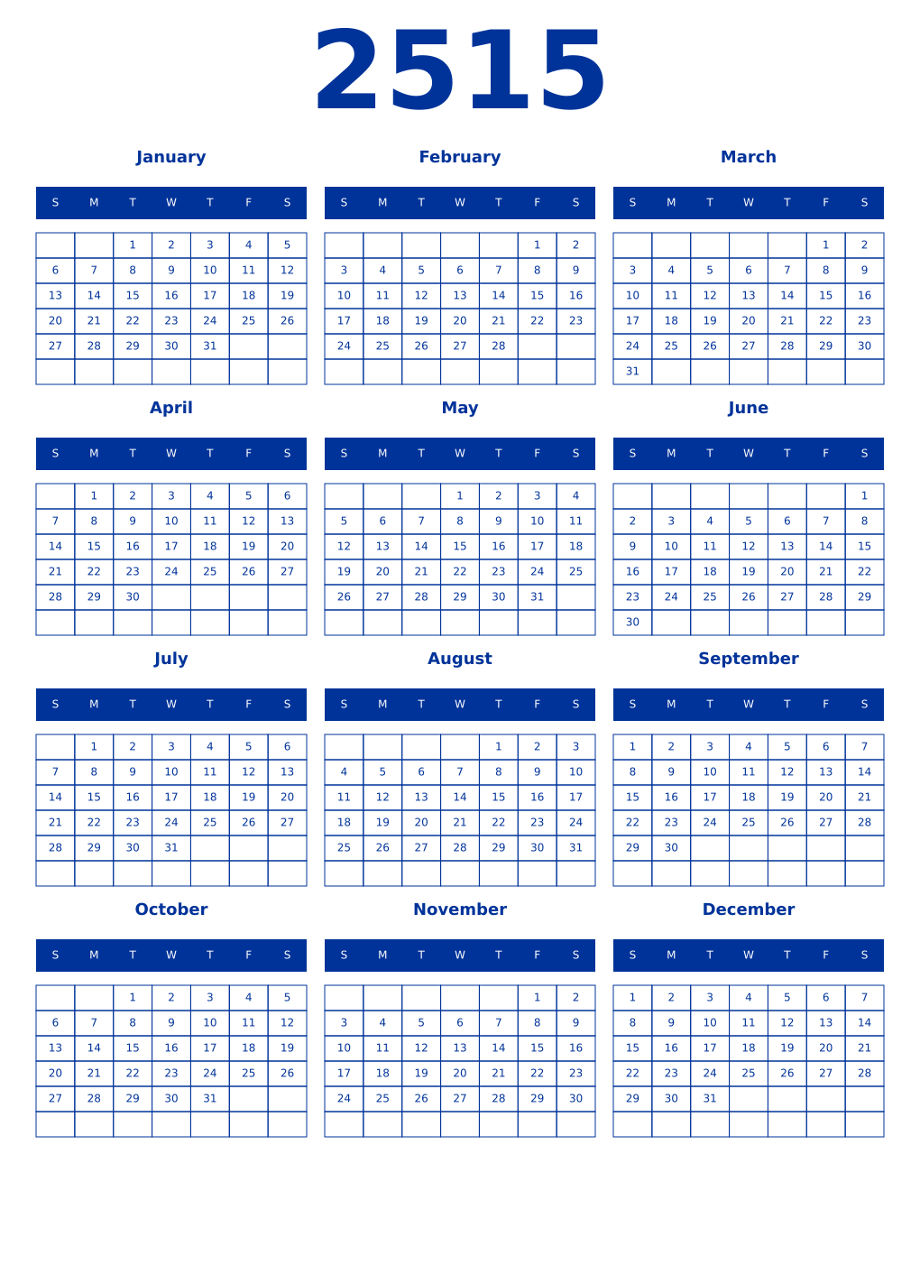 Printable 2515 Year Calendars smalt