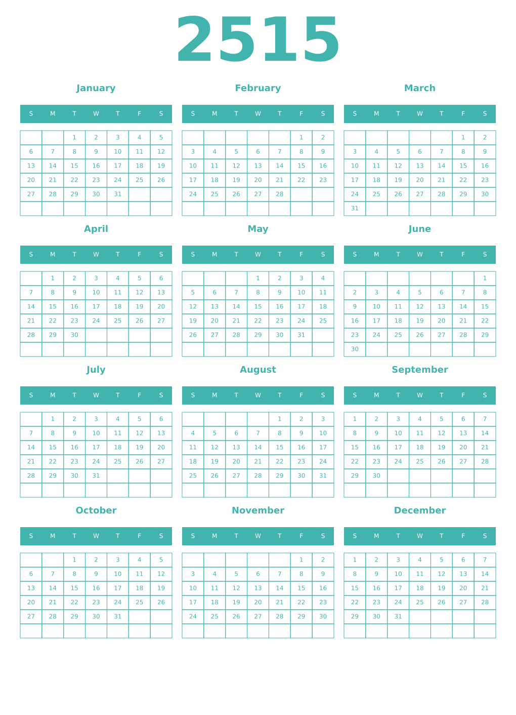 Printable 2515 Year Calendars verdigris