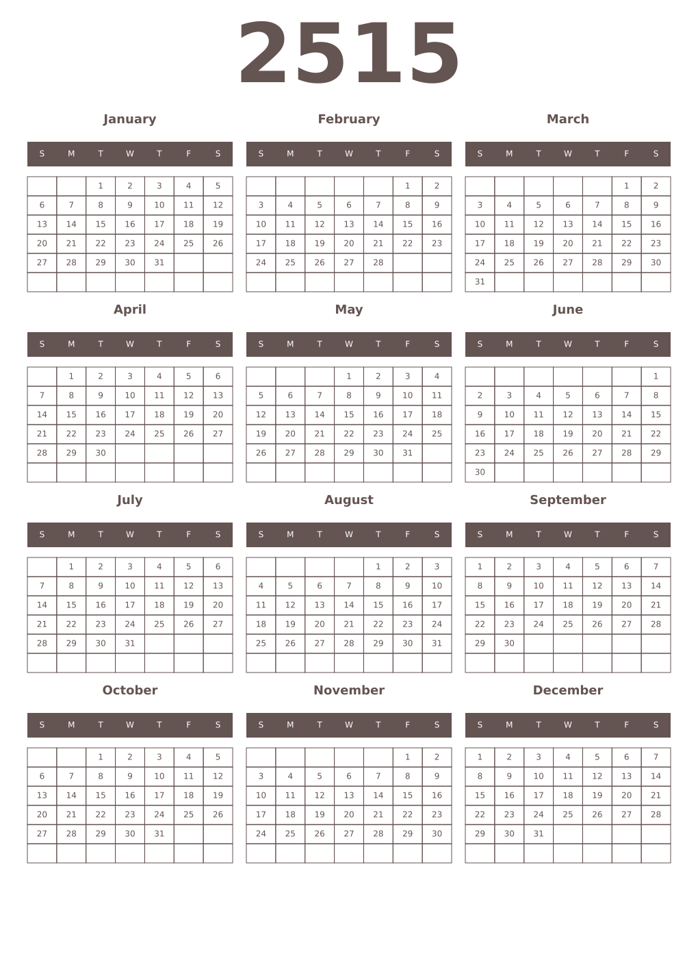 Printable 2515 Year Calendars wenge