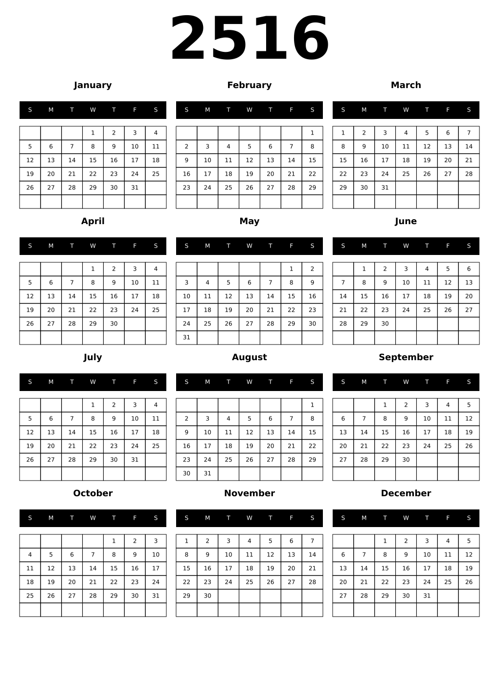 Printable 2516 Calendars