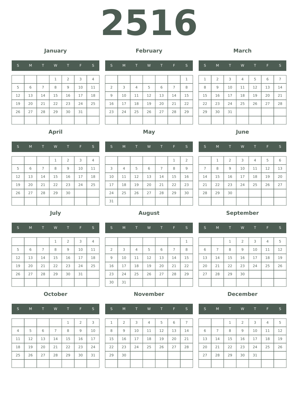 Printable 2516 Year Calendars feldgrau