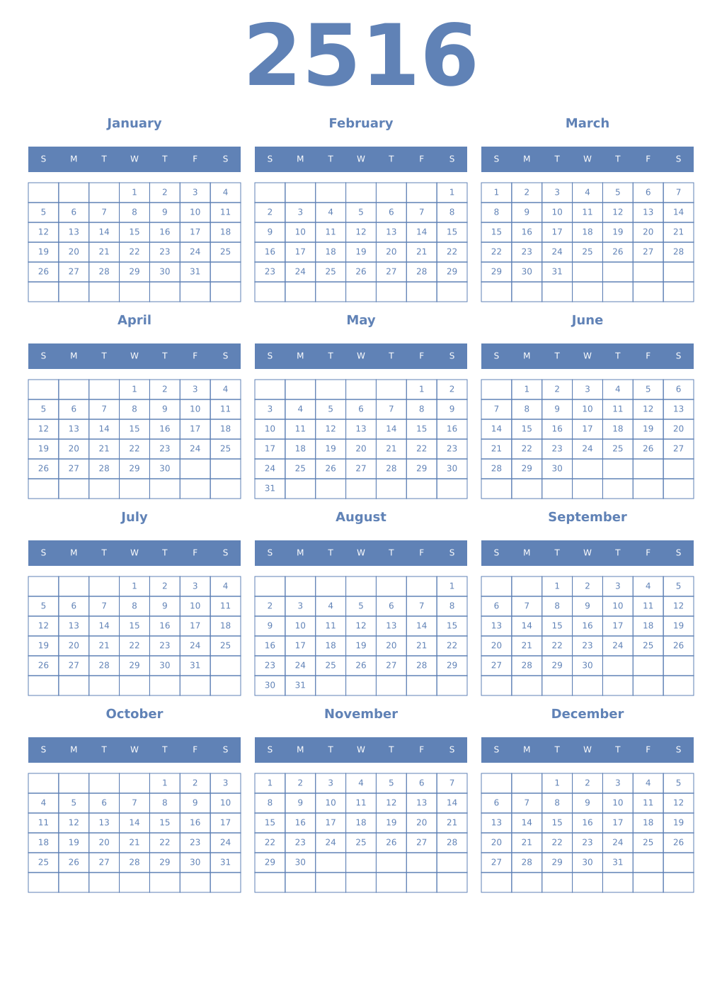 Printable 2516 Year Calendars glaucous