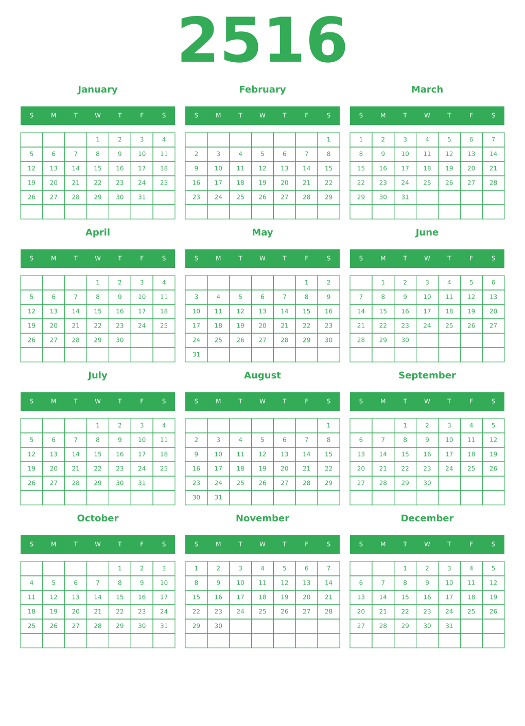 Printable 2516 Year Calendars green