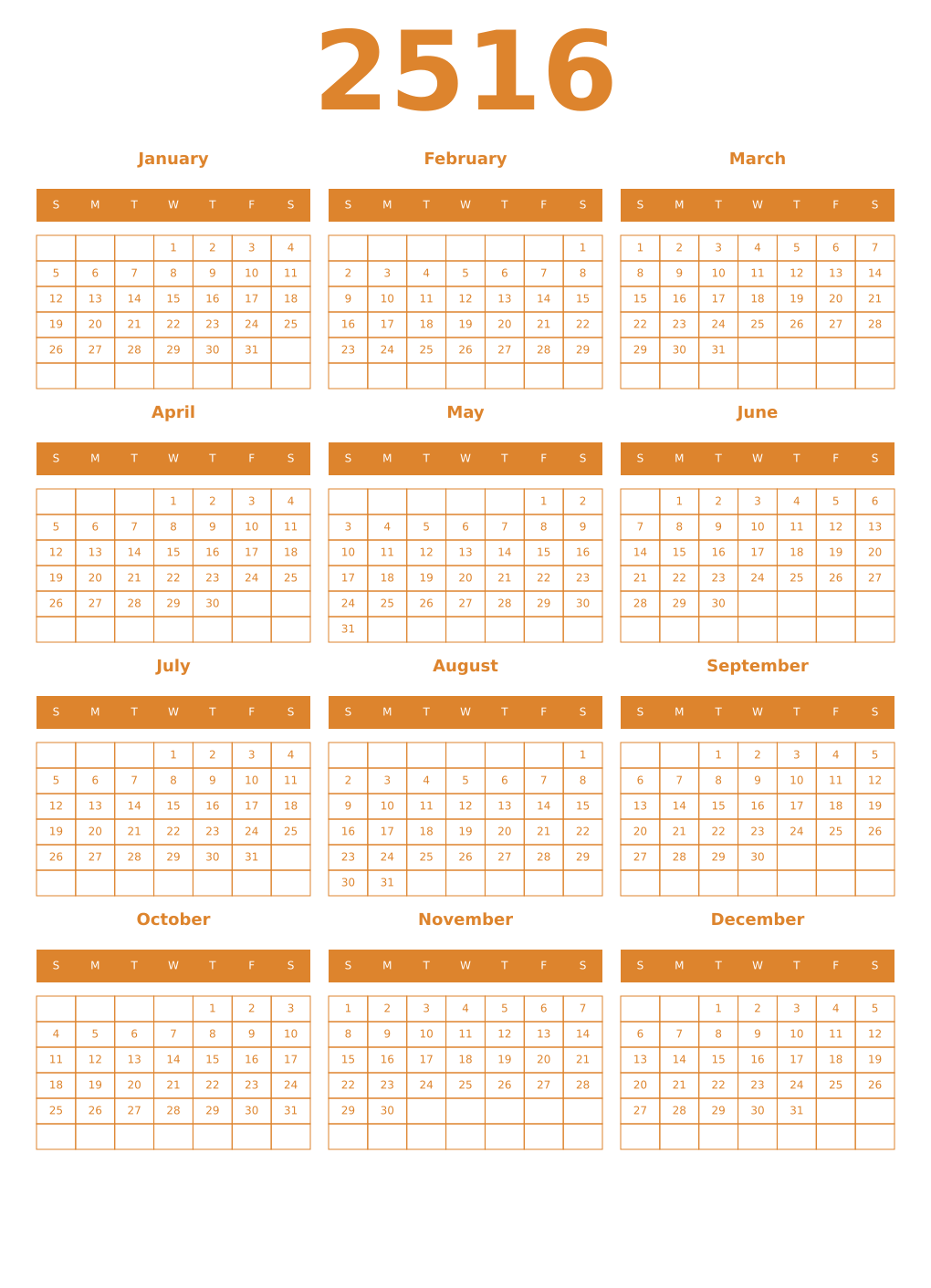 Printable 2516 Year Calendars orange