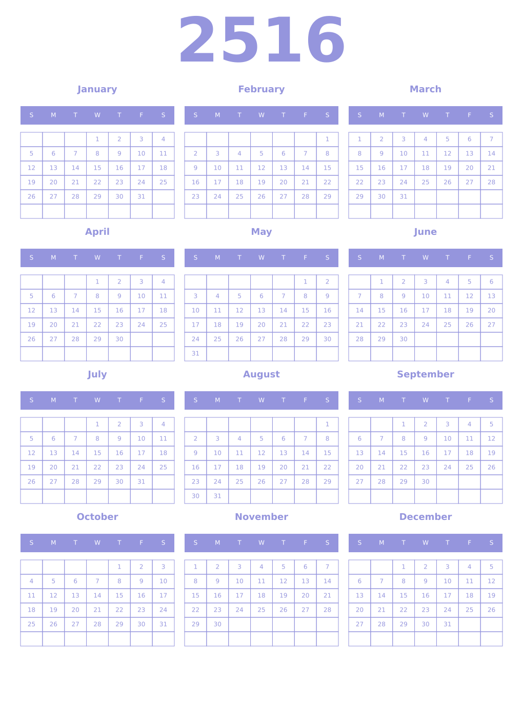 Printable 2516 Year Calendars periwinkle