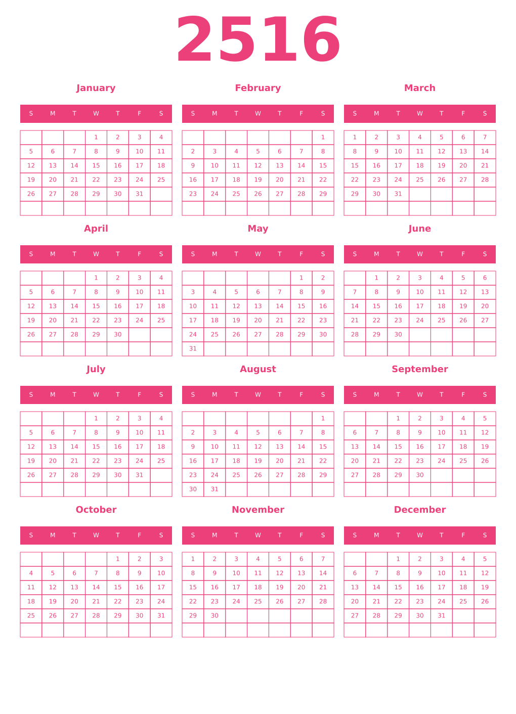 Printable 2516 Year Calendars pink