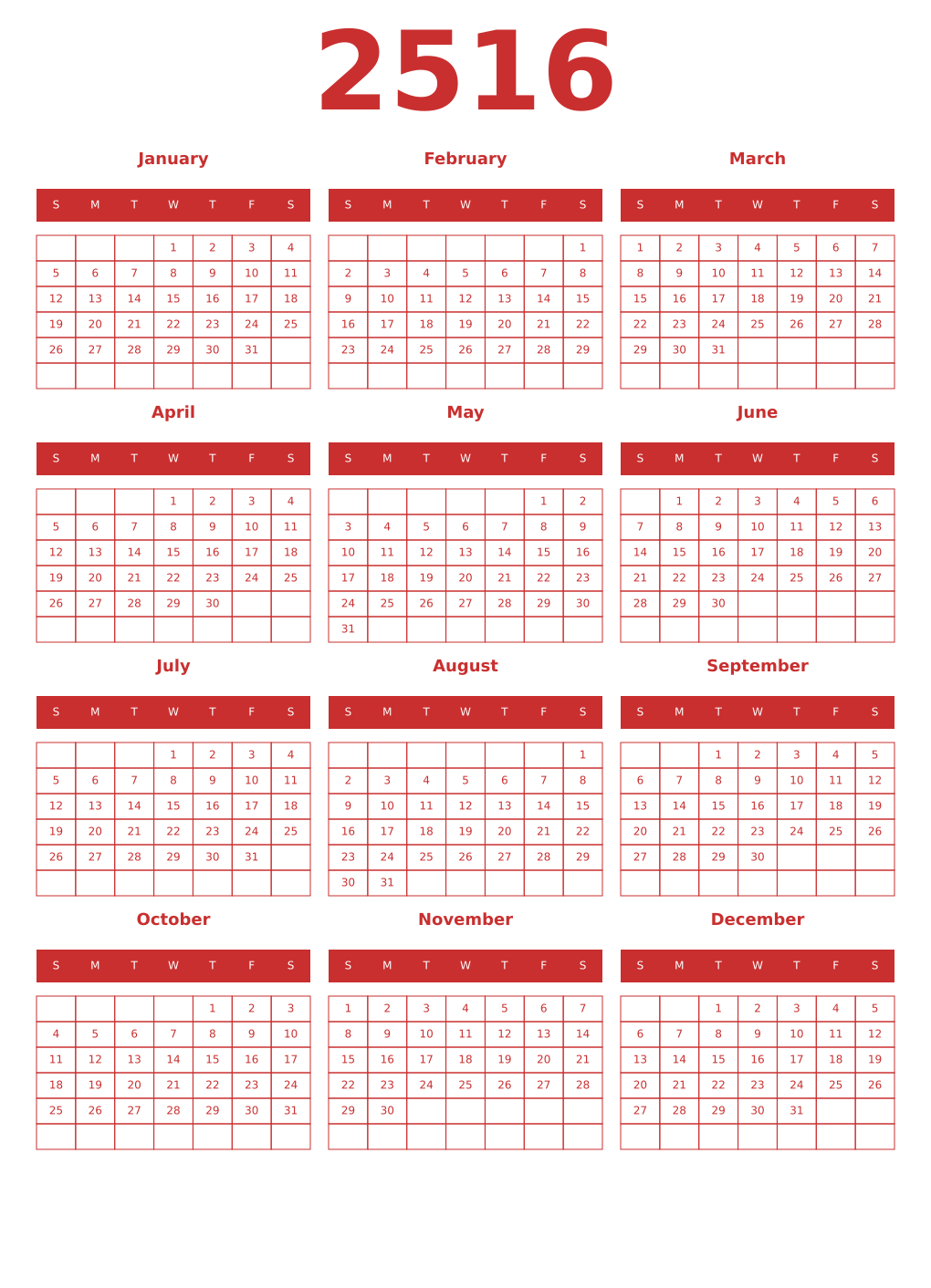 Printable 2516 Year Calendars red