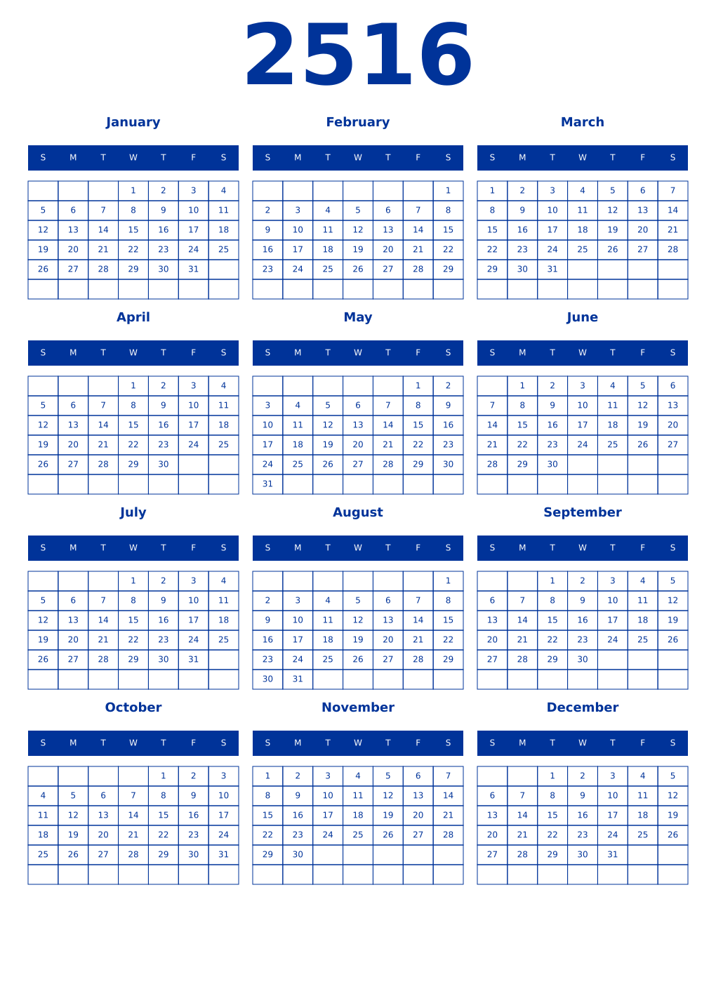 Printable 2516 Year Calendars smalt