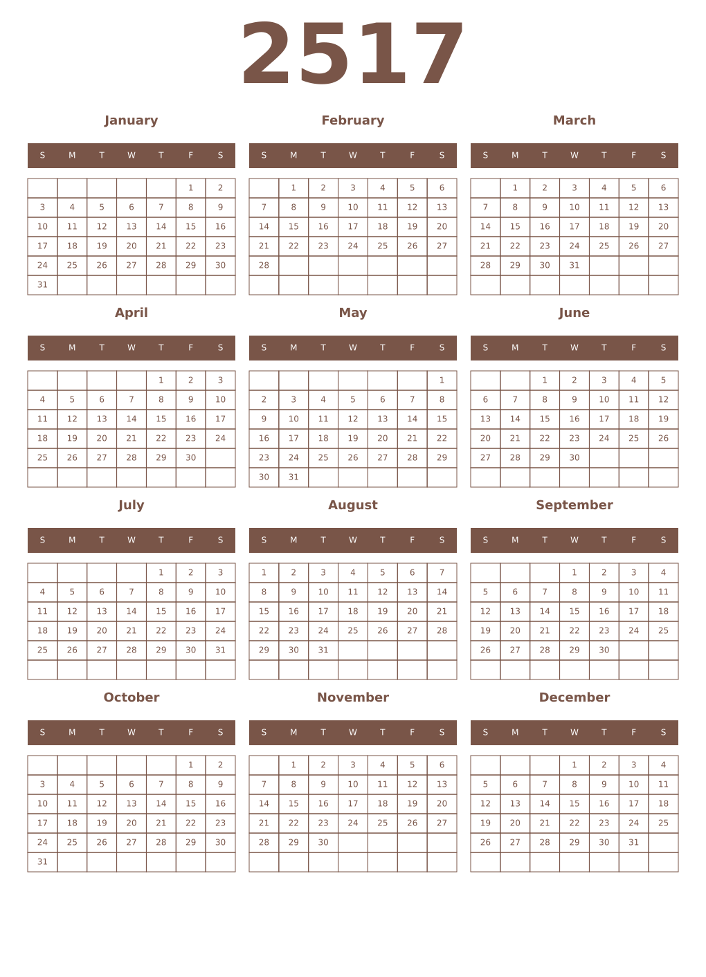 Printable 2517 Year Calendars coffe