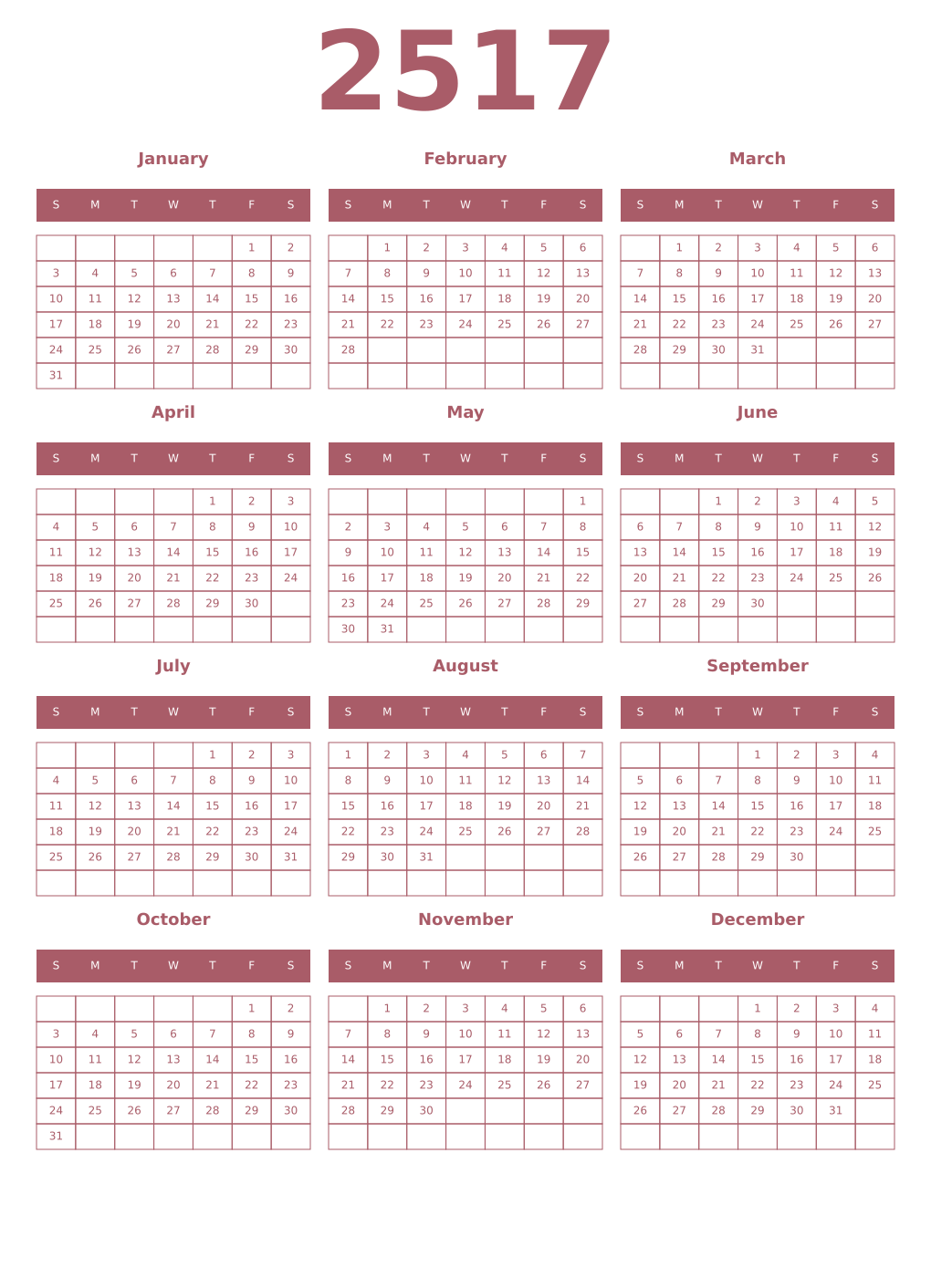 Printable 2517 Year Calendars puce