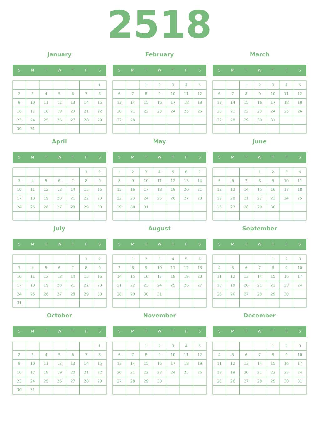 Printable 2518 Year Calendars celadon
