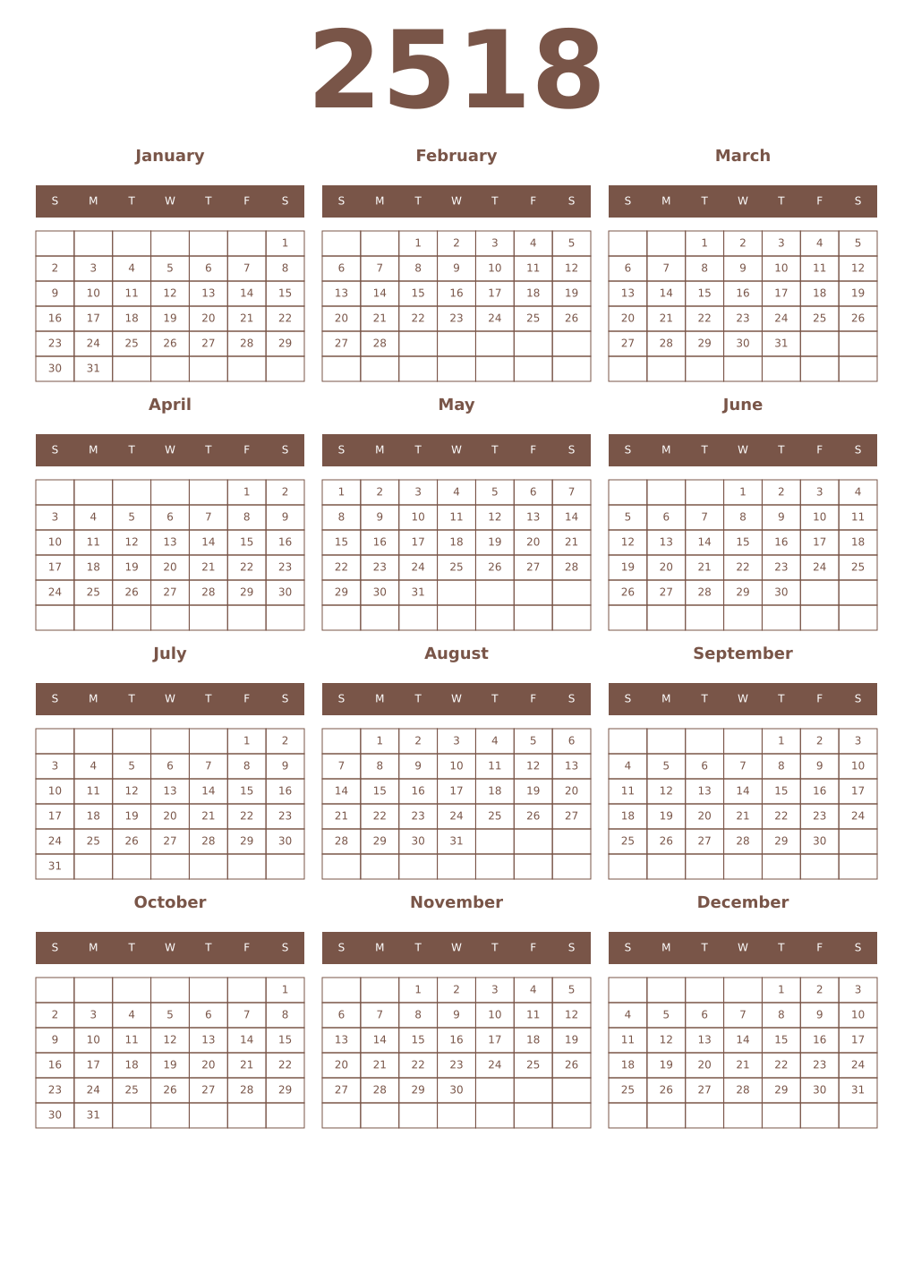Printable 2518 Year Calendars coffe