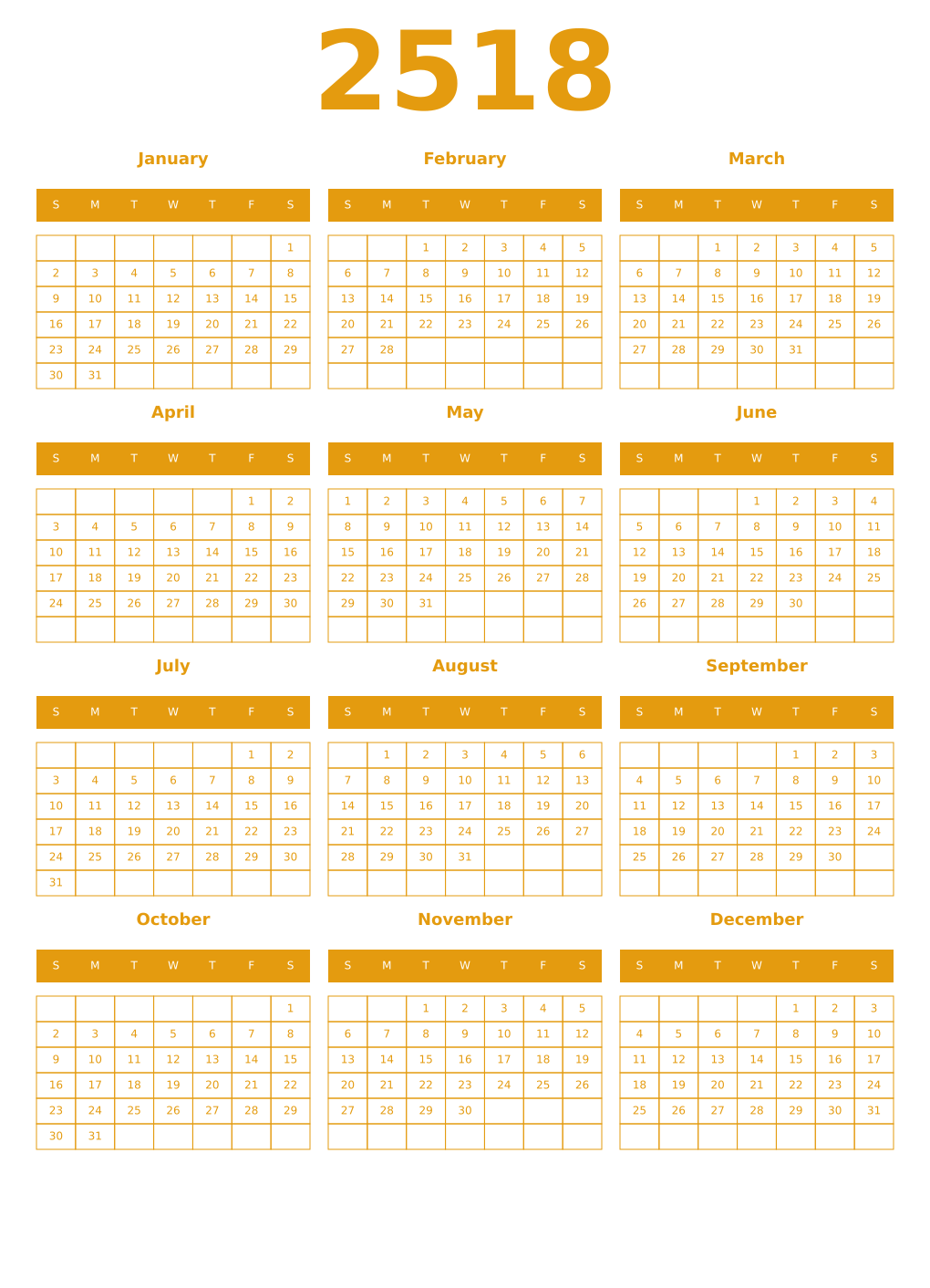 Printable 2518 Year Calendars gamboge