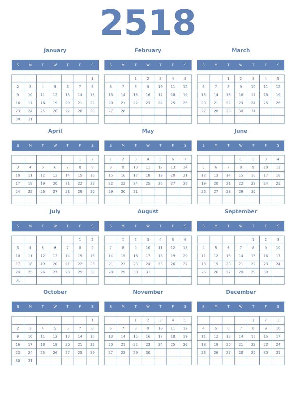 Printable 2518 Year Calendars glaucous