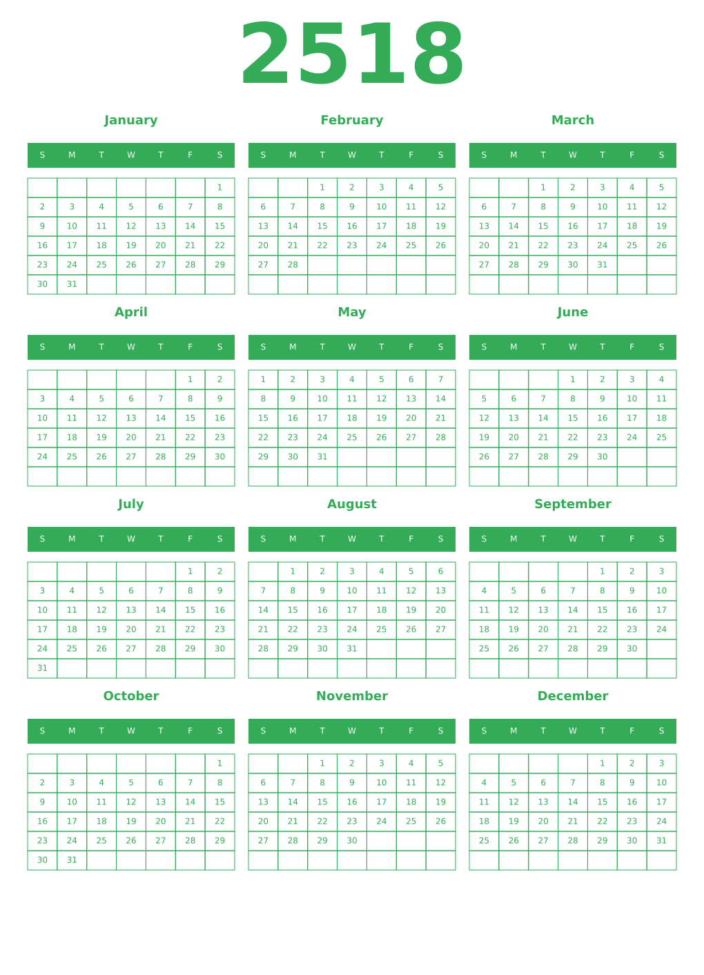 Printable 2518 Year Calendars green
