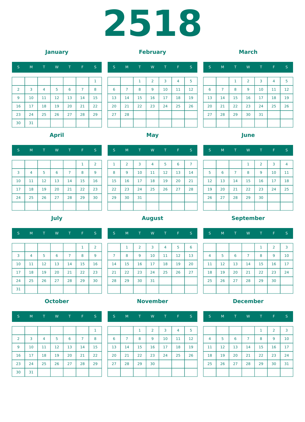 Printable 2518 Year Calendars pastel