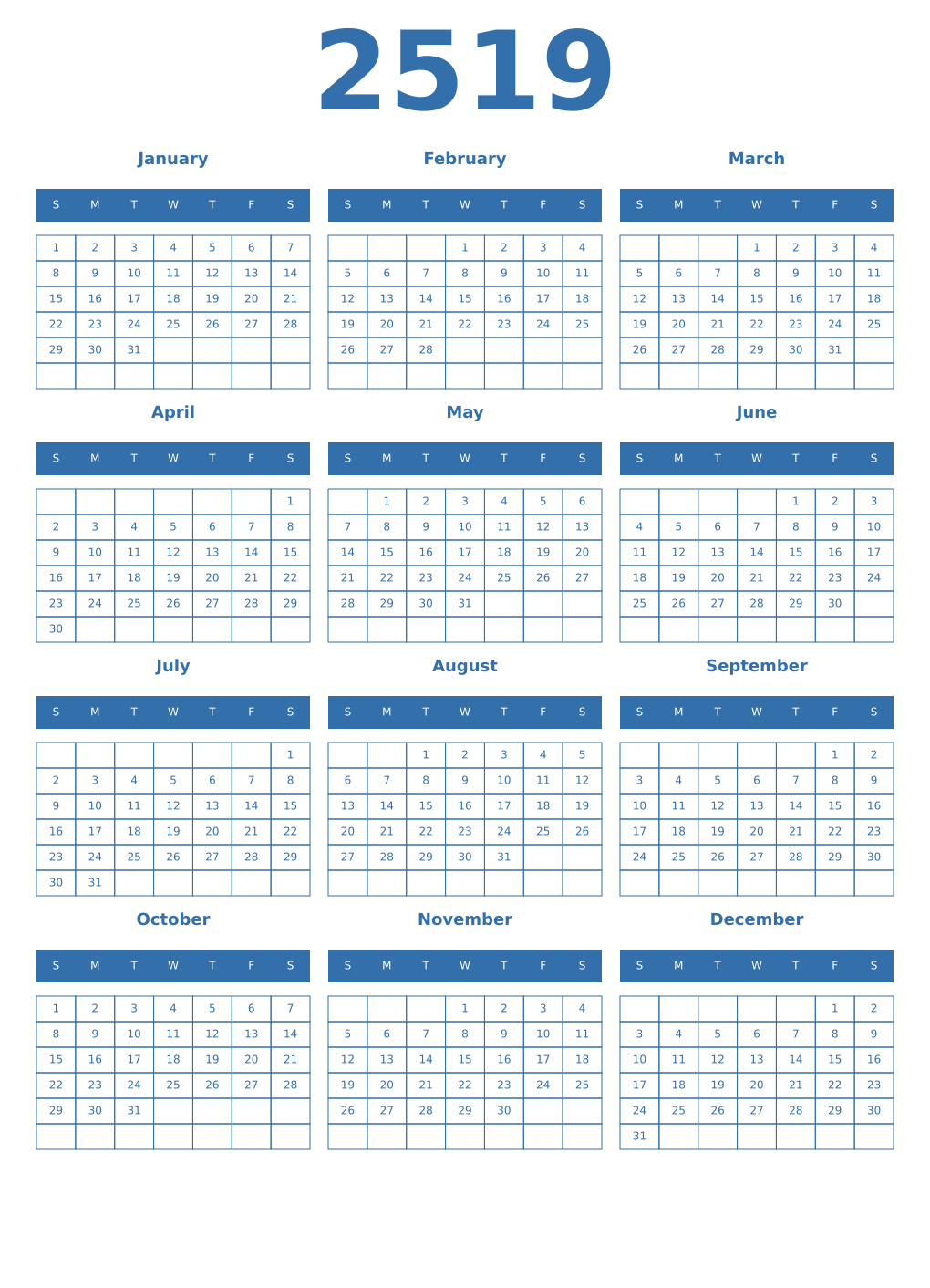 Printable 2519 Year Calendars blue