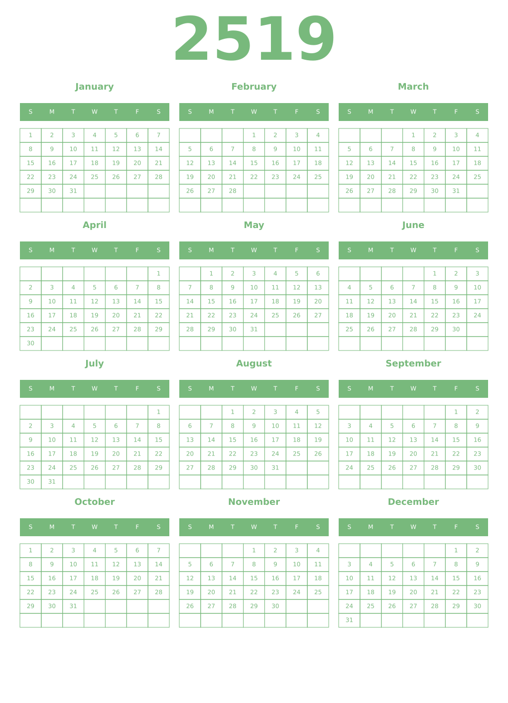 Printable 2519 Year Calendars celadon