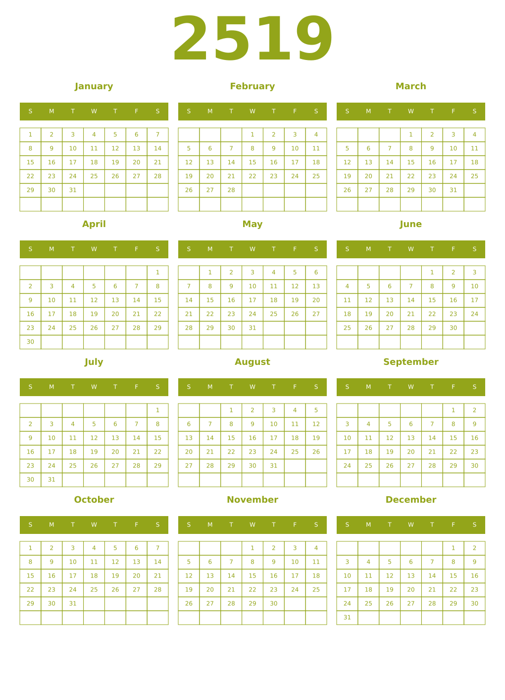 Printable 2519 Year Calendars chartreuse