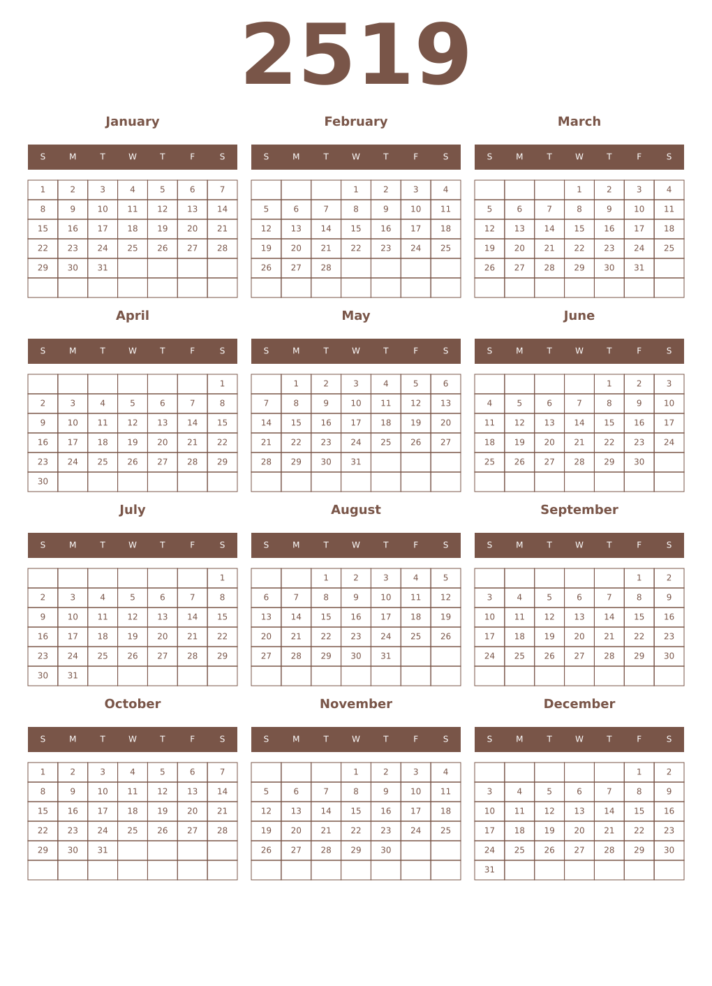 Printable 2519 Year Calendars coffe