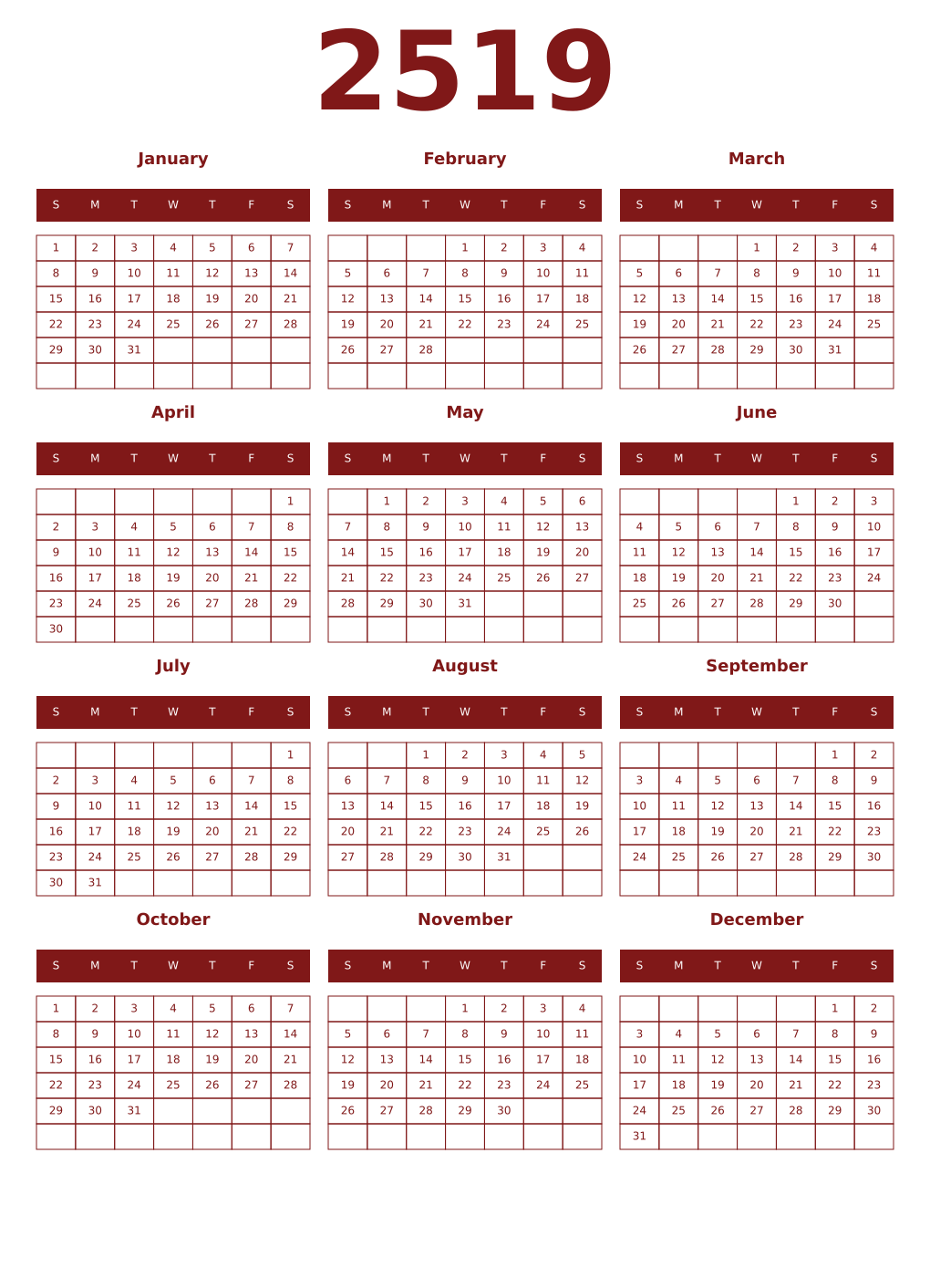 Printable 2519 Year Calendars falu