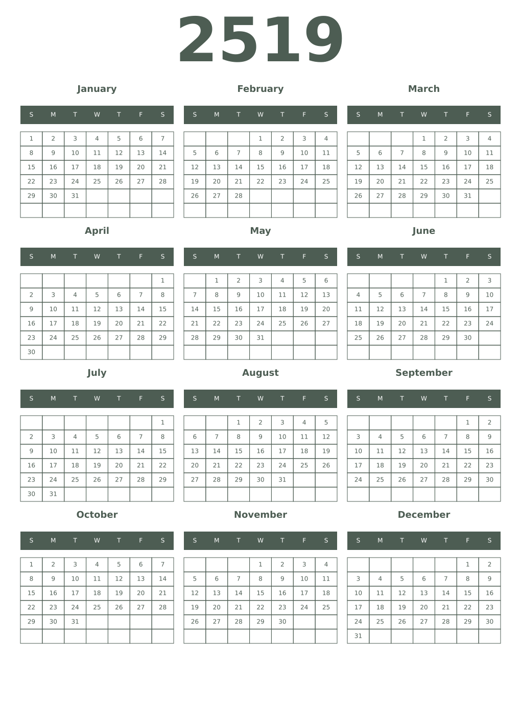 Printable 2519 Year Calendars feldgrau