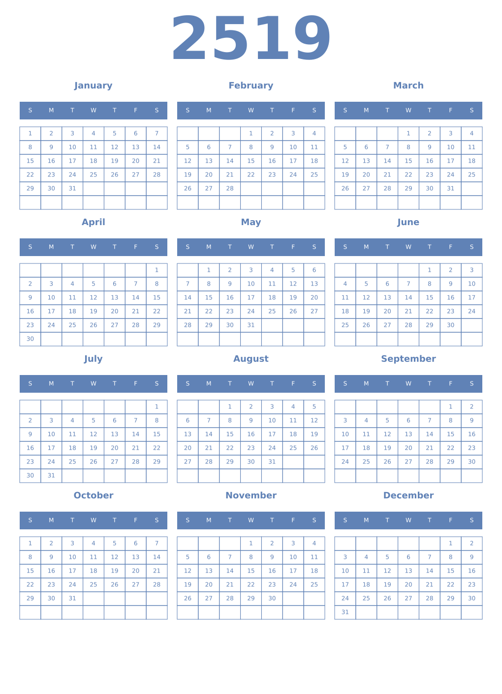 Printable 2519 Year Calendars glaucous