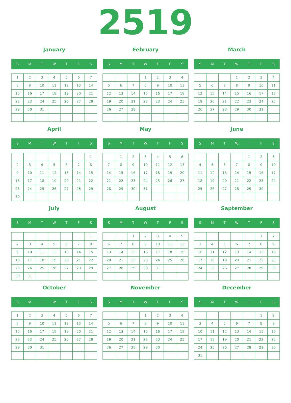 Printable 2519 Year Calendars green