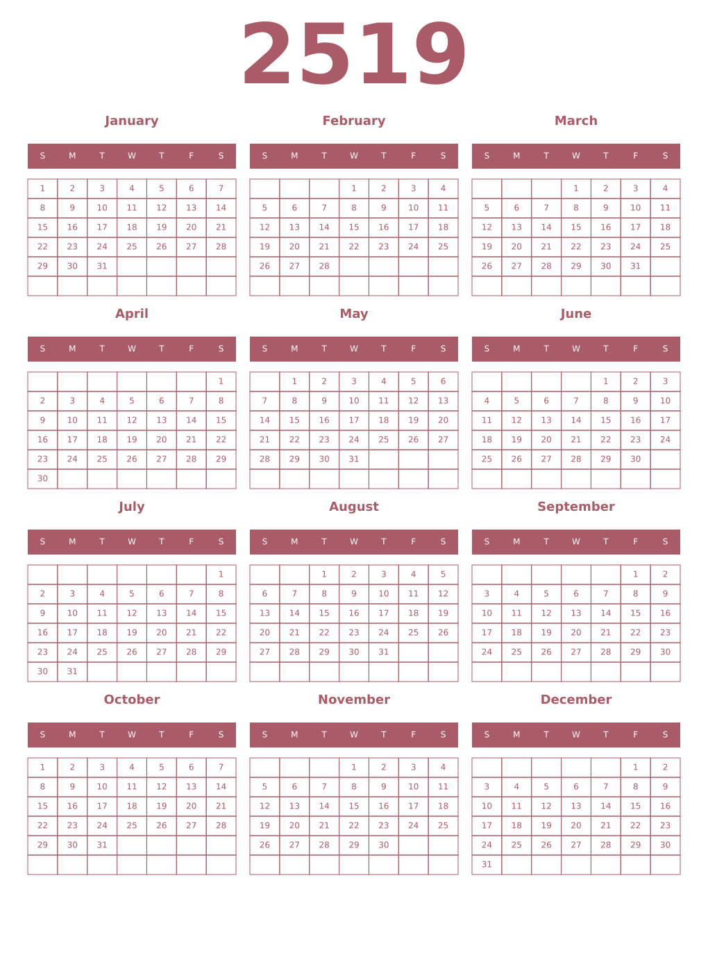 Printable 2519 Year Calendars puce