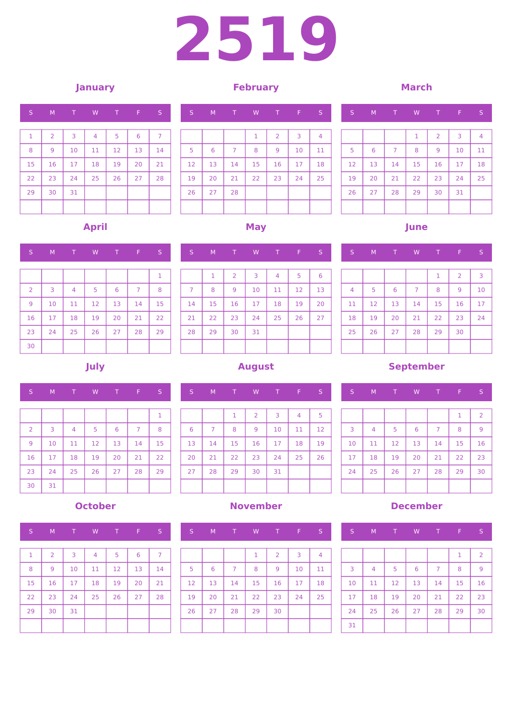 Printable 2519 Year Calendars purple