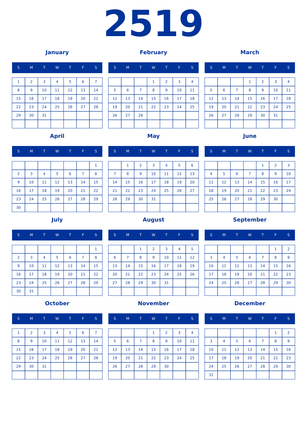 Printable 2519 Year Calendars smalt
