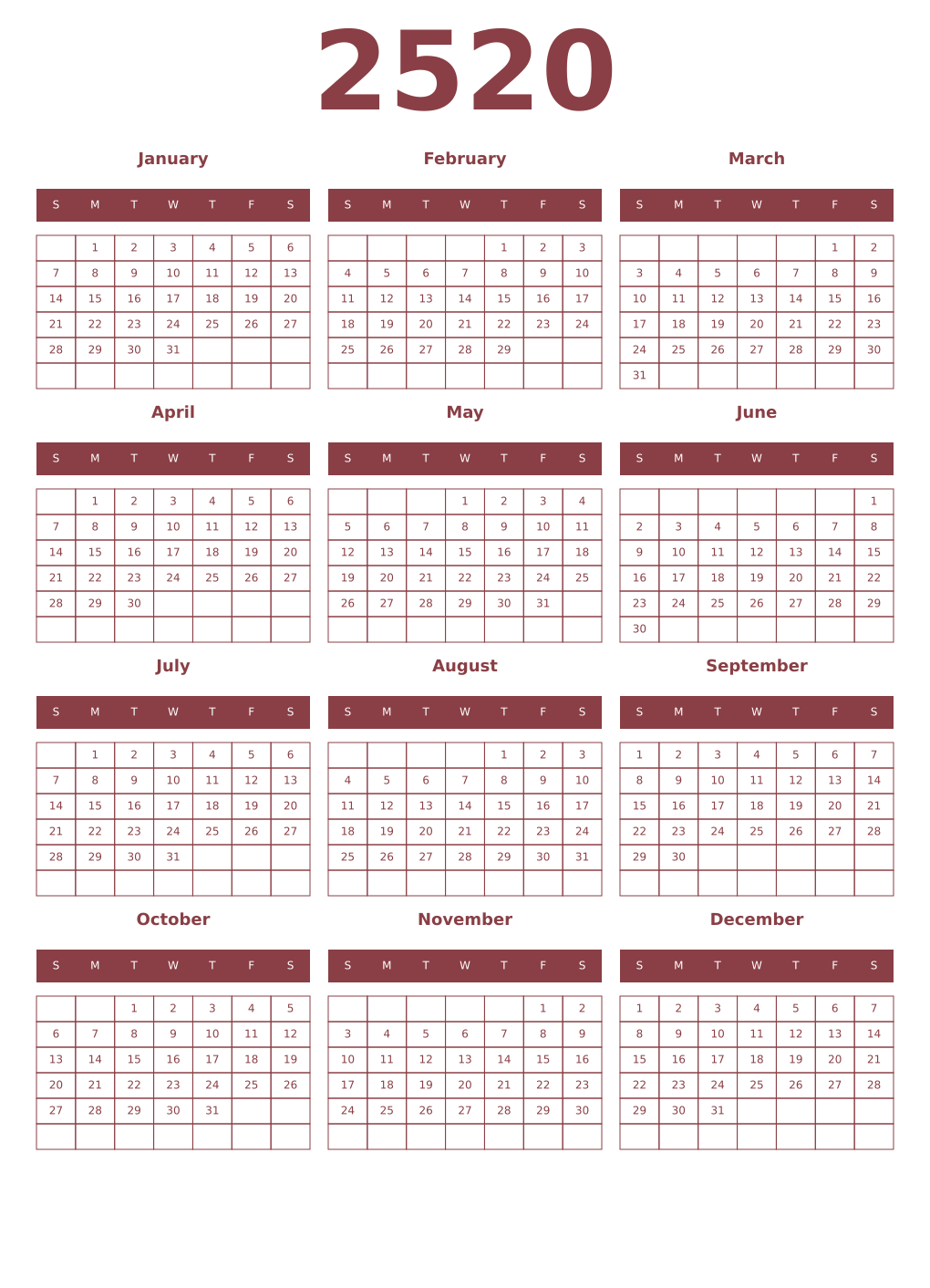 Printable 2520 Year Calendars cordovan
