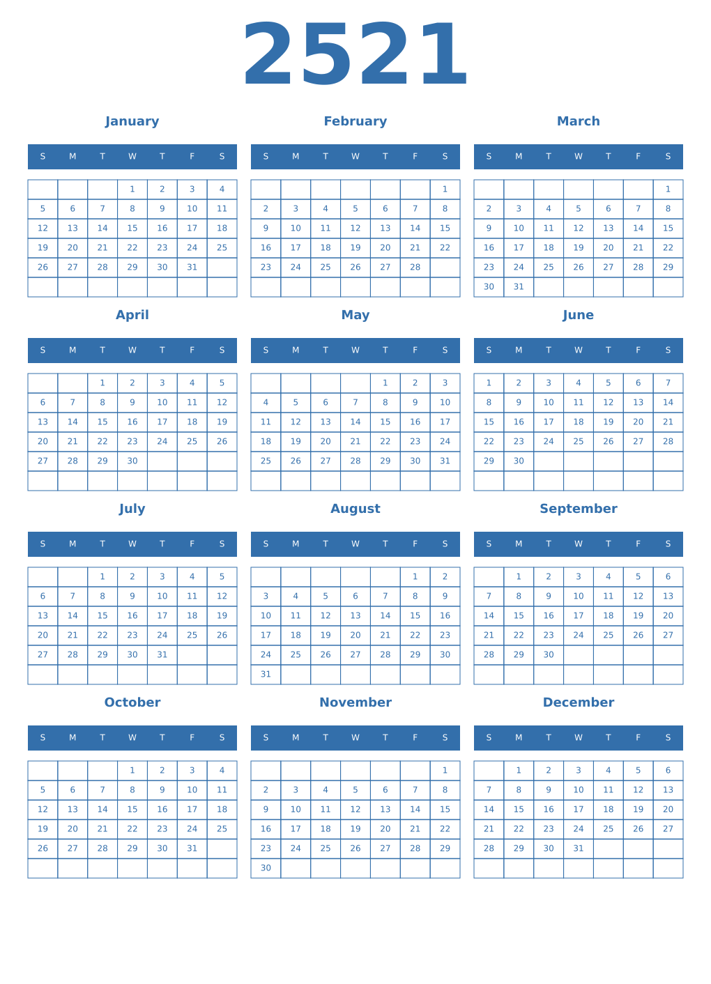 Printable 2521 Year Calendars blue