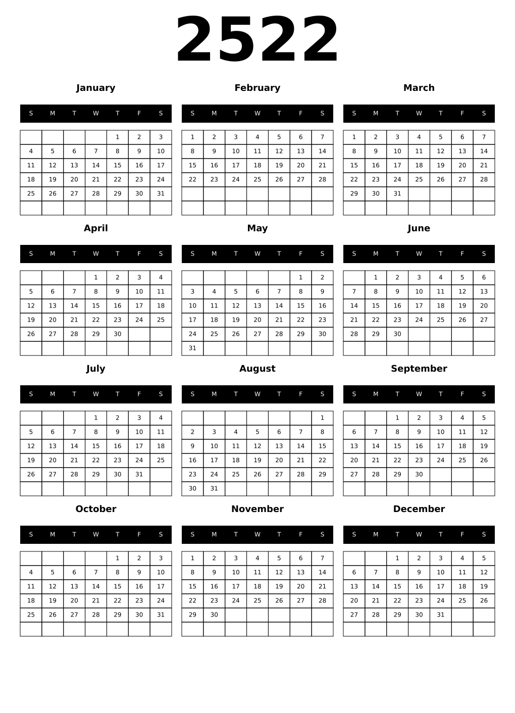 Printable 2522 Year Calendars black