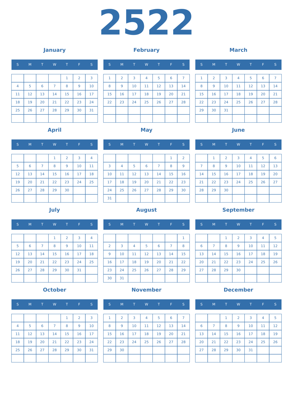 Printable 2522 Year Calendars blue
