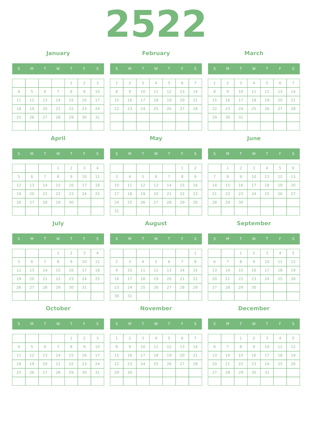 Printable 2522 Year Calendars celadon